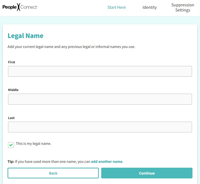 The Suppression Center's Legal Name page with First, Middle and Last fields, a 'This is my legal name' checkbox, and an 'add another name' link