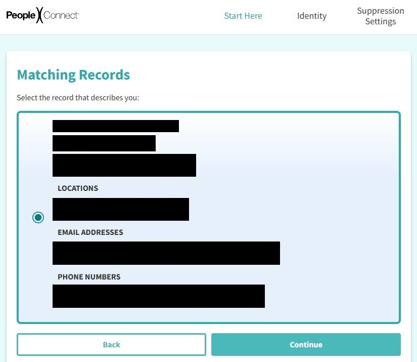 The Suppression Center's Matching Records page showing a candidate record with aliases, location history, and partially masked email addresses and phone numbers, with a selection radio button