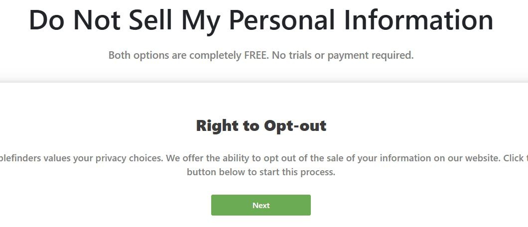 PeopleFinders 'Do Not Sell My Personal Information' page with the 'Right to Opt-out' section showing a green 'Next' button below the explanatory text