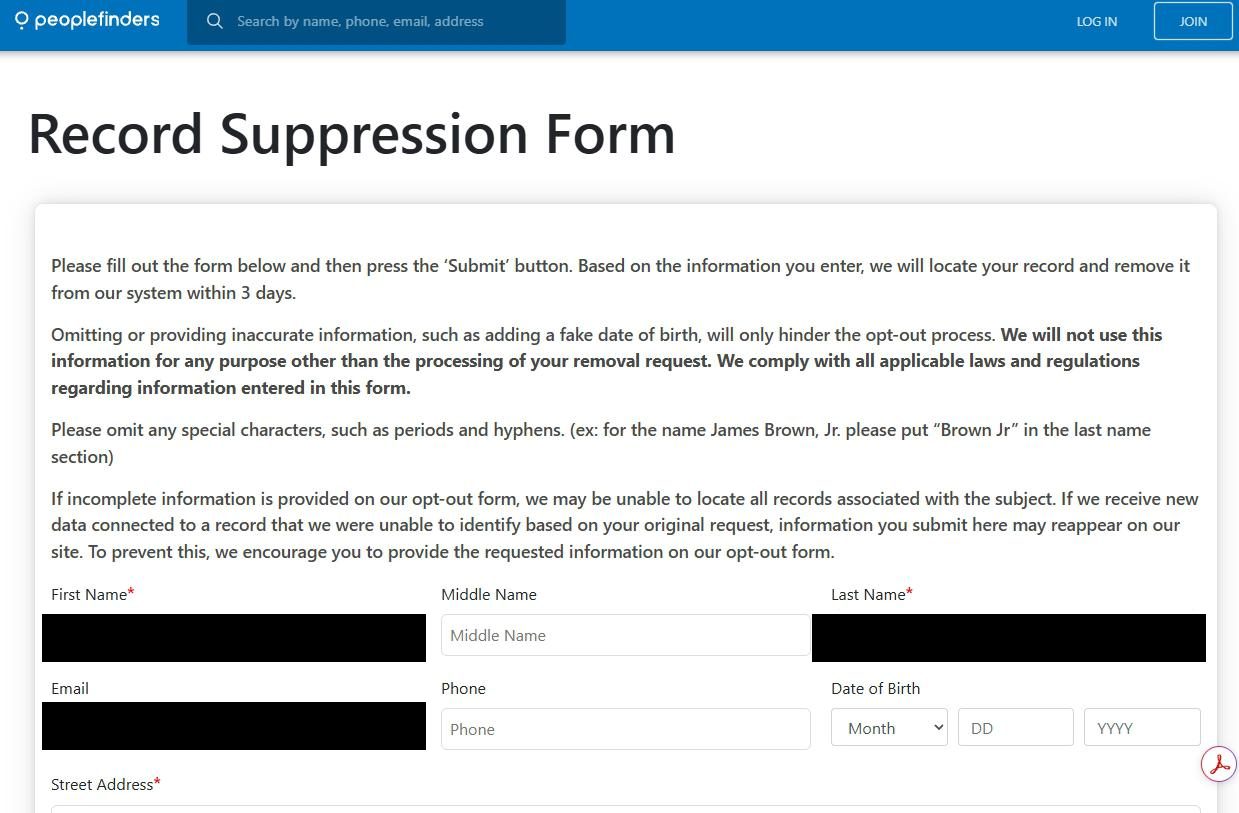 PeopleFinders Record Suppression Form with fields for First Name, Middle Name, Last Name, Email, Phone, Date of Birth, and Street Address. Instructions emphasize accuracy and the 3-day removal claim