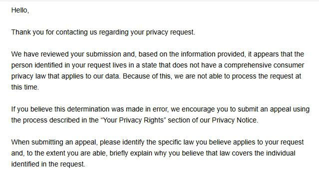 PeopleFinders rejection email stating the user lives in a state without a comprehensive consumer privacy law that applies to their data, and inviting an appeal via the Privacy Notice 'Your Privacy Rights' section