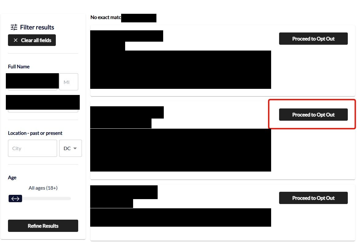 PeopleLooker search results with a Filter results sidebar and multiple profiles, each carrying a Proceed to Opt Out button; the matching profile's button is highlighted