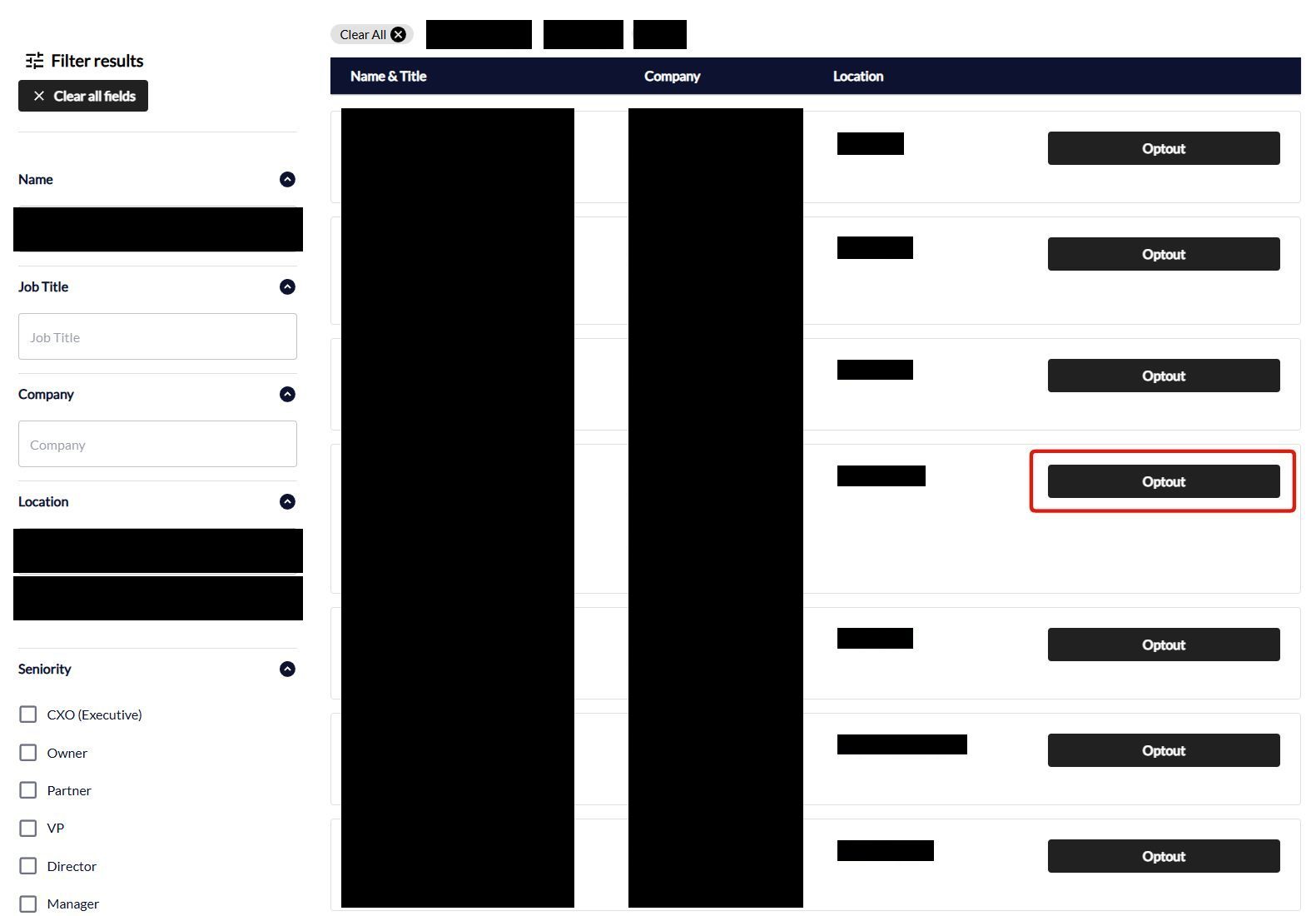 PeopleSmart opt-out search results as a table with Name & Title, Company and Location columns, each row carrying a 'Match' tag and a black 'Optout' button, with the chosen row's button outlined in red. A filter panel on the left offers name, job title, company, location and seniority.