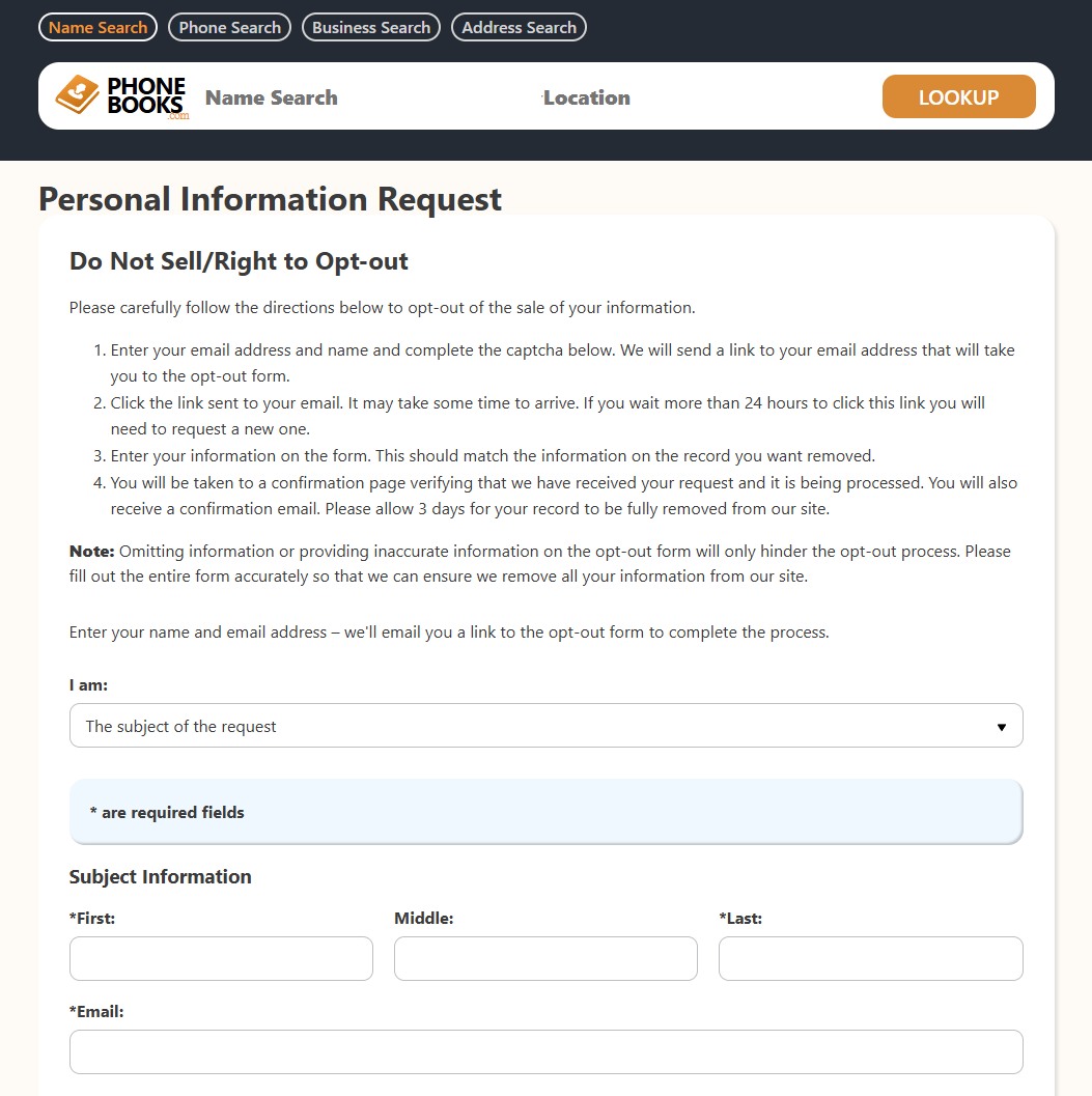PhoneBooks.com Personal Information Request page titled Do Not Sell/Right to Opt-out, with numbered directions, an 'I am' dropdown set to The subject of the request, and Subject Information fields for first name, middle, last name and email