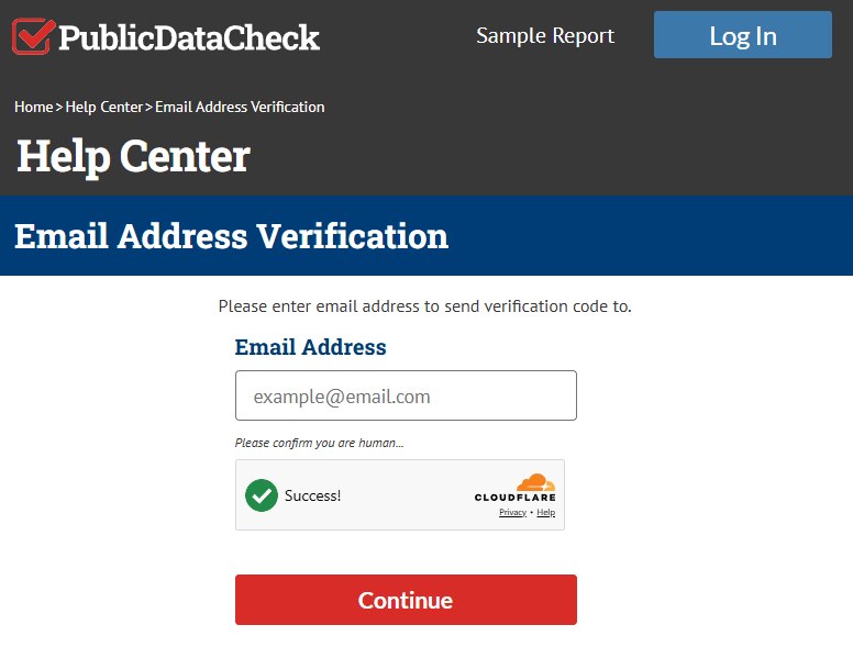 The Email Address Verification page on Public Data Check, showing the address box, Cloudflare and the Continue button.