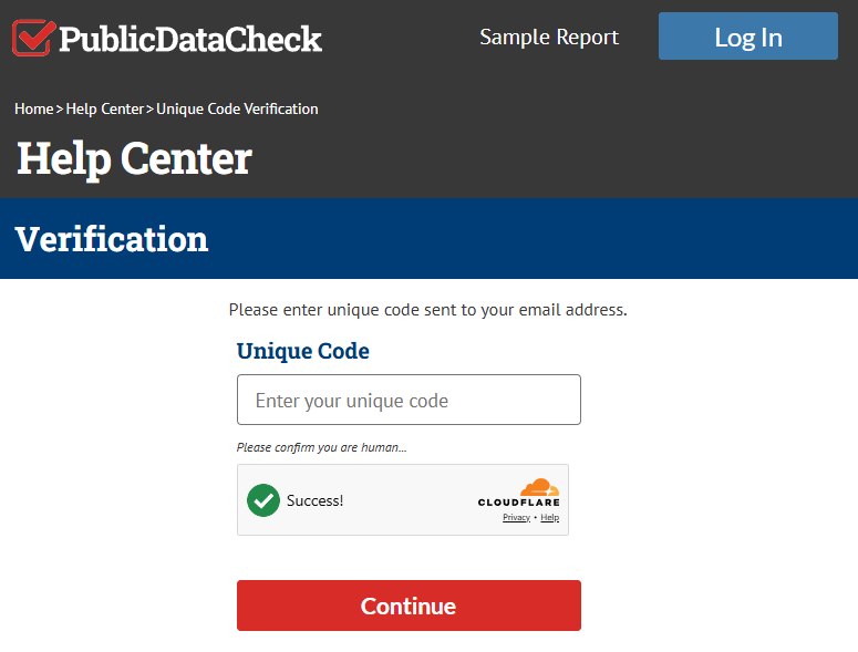 Public Data Check's Verification page with the Unique Code box for the emailed code.