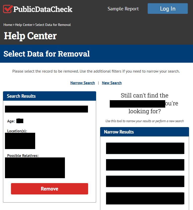 Public Data Check's Select Data for Removal page, with the record it found and a red Remove button inside a Search Results box, and a Narrow Results panel beside it.