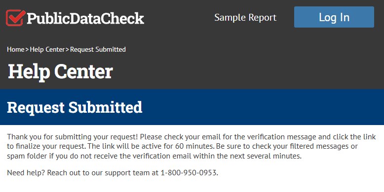 The Request Submitted message on Public Data Check. It asks for a click on the emailed link, and gives the link an hour.