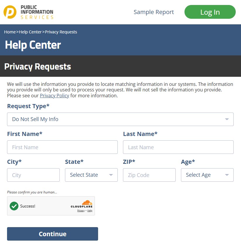 Public Information Services' Privacy Requests form. Request Type reads Do Not Sell My Info, and there are required boxes for first and last name, city, state, ZIP and age above a Cloudflare check.
