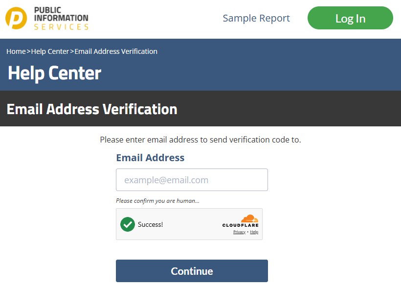 The Email Address Verification page on Public Information Services, with one Email Address field, a Cloudflare check and Continue.