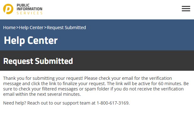 Public Information Services' Request Submitted page, whose text asks the reader to click an emailed link within 60 minutes to finalize the request.