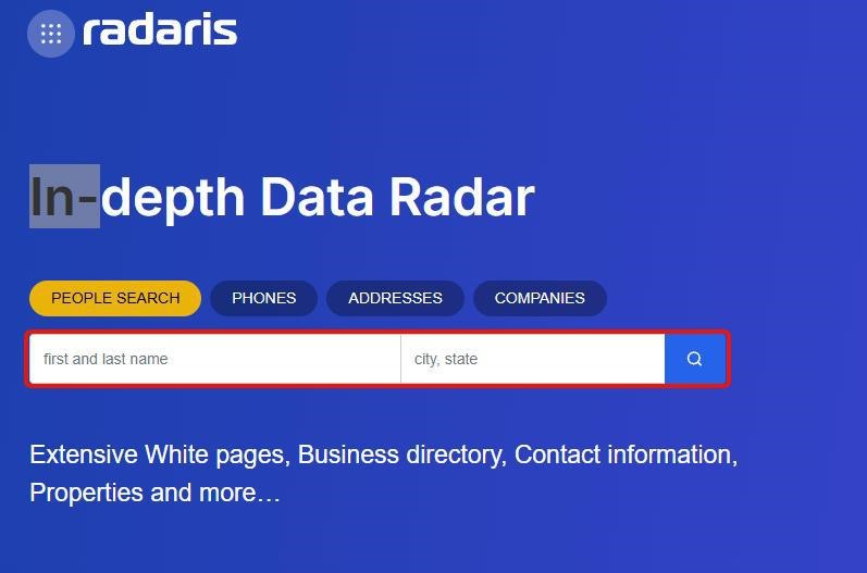 Radaris.com homepage with a search field for entering name and city / state, plus a search button.