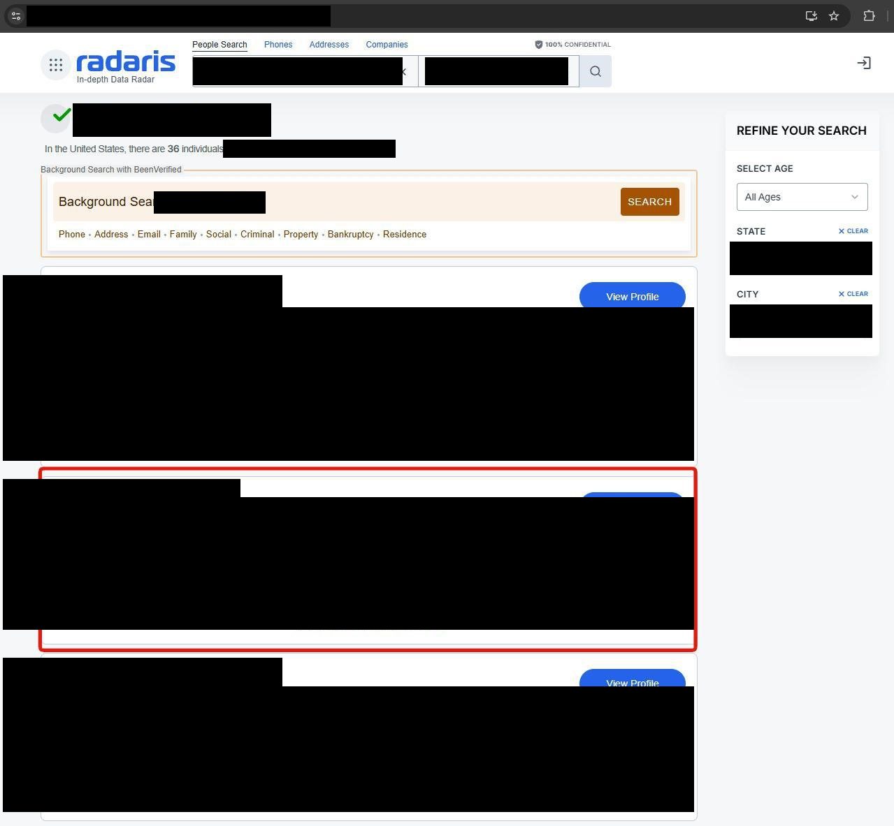 Radaris search results page with multiple matching profiles and a blue 'View Profile' button on each row.