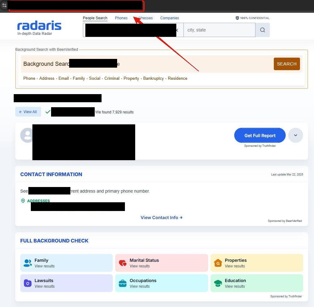 Browser address bar showing the URL of the opened Radaris profile page.