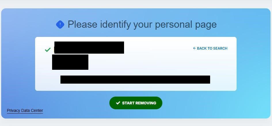 Radaris 'Please identify your personal page' confirmation card showing the matched profile's name, age, city, and URL, with a green 'Start Removing' button below and a 'Back to Search' link in the top right.
