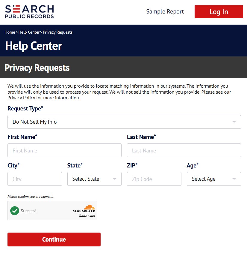 Search Public Records' Privacy Requests page. Request Type shows Do Not Sell My Info, with boxes for First Name, Last Name, City, State, ZIP and Age, then Cloudflare and a red Continue button.