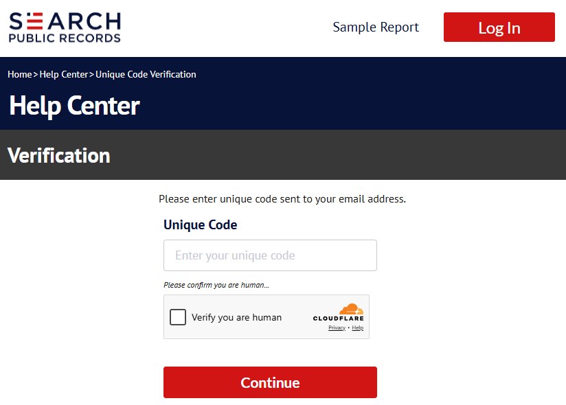 The Verification page on Search Public Records asking for the unique code sent by email, above a Cloudflare check and Continue.