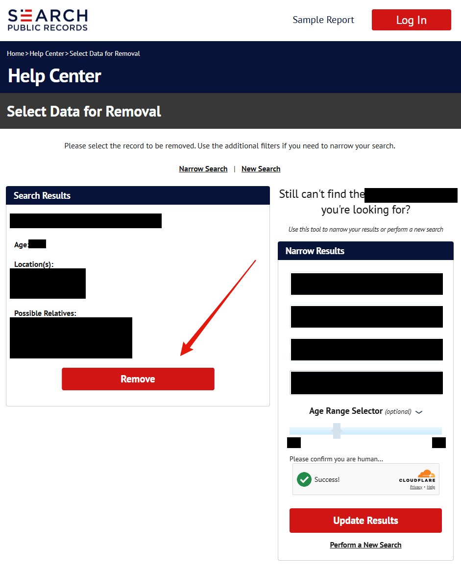 Search Public Records' Select Data for Removal page. A Search Results box on the left holds the matched record and a red Remove button, and a Narrow Results panel on the right offers name, city, state and age-range filters.