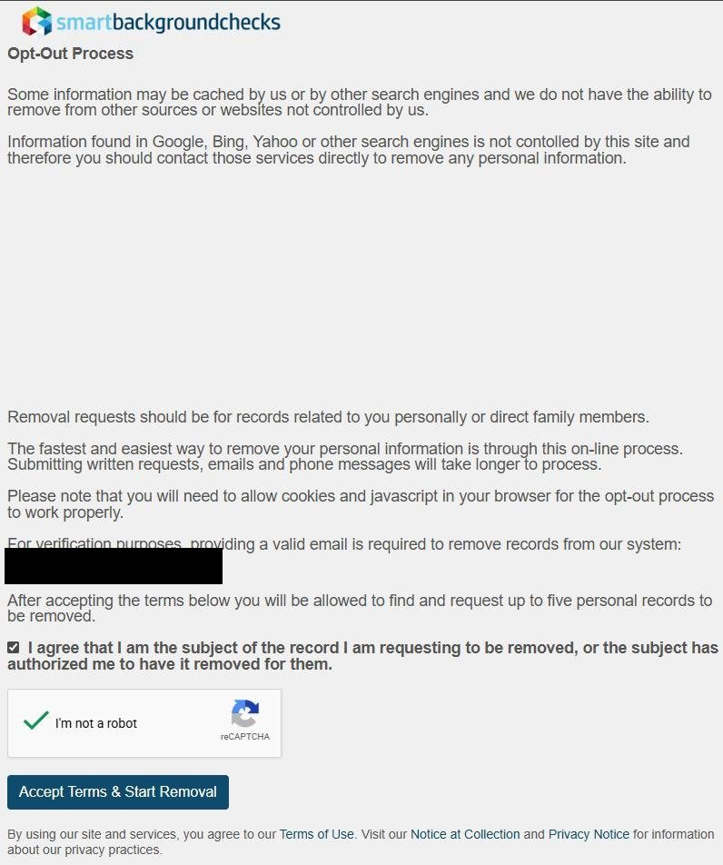 SmartBackgroundChecks /optout page titled 'Opt-Out Process' with terms explaining info may be cached by search engines outside their control. A 'For verification purposes, providing a valid email is required to remove records from our system:' label sits above an email field filled with a gmail address. A checked consent box reads 'I agree that I am the subject of the record I am requesting to be removed, or the subject has authorized me to have it removed for them.' A solved reCAPTCHA with green checkmark sits below, and a blue 'Accept Terms & Start Removal' button at the bottom. Text above the button notes: 'After accepting the terms below you will be allowed to find and request up to five personal records to be removed.'