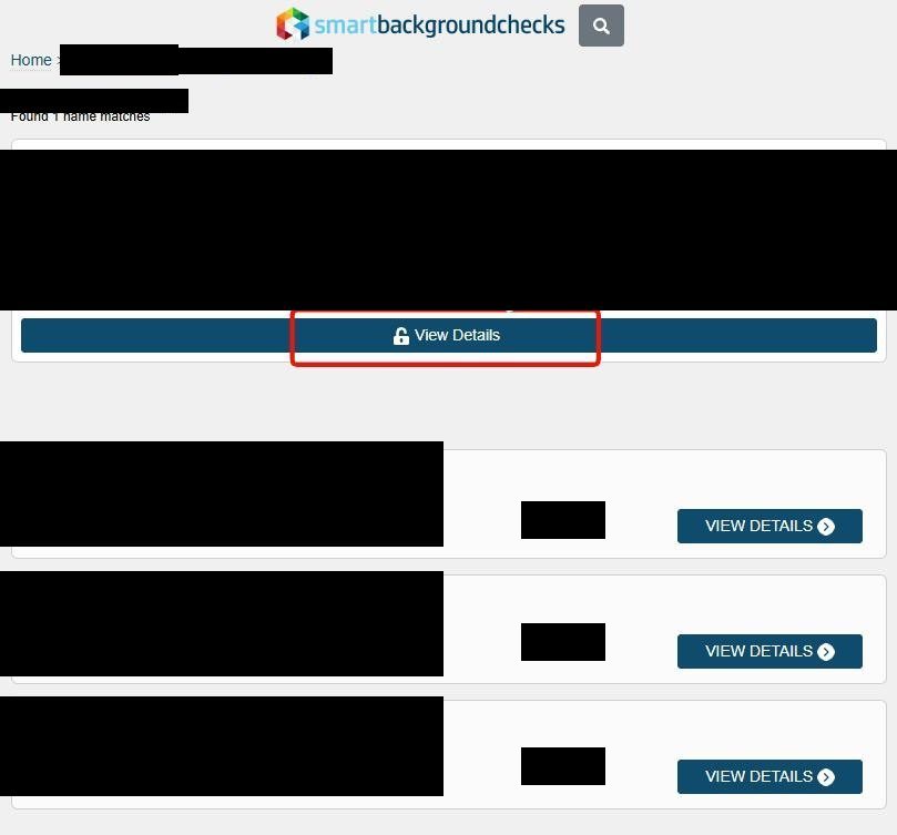 SmartBackgroundChecks search results page with a 'Home > Last Name' breadcrumb, redacted in this screenshot, and a 'Found 1 name matches' header. The top result is highlighted with a red box around a dark 'View Details' button with a lock icon. Below it sit three additional results, each with bright blue 'VIEW DETAILS' buttons that have arrow icons - these are sponsored competitor data-broker listings, not SmartBackgroundChecks records. A red arrow points to the top View Details button to indicate that's the correct one.