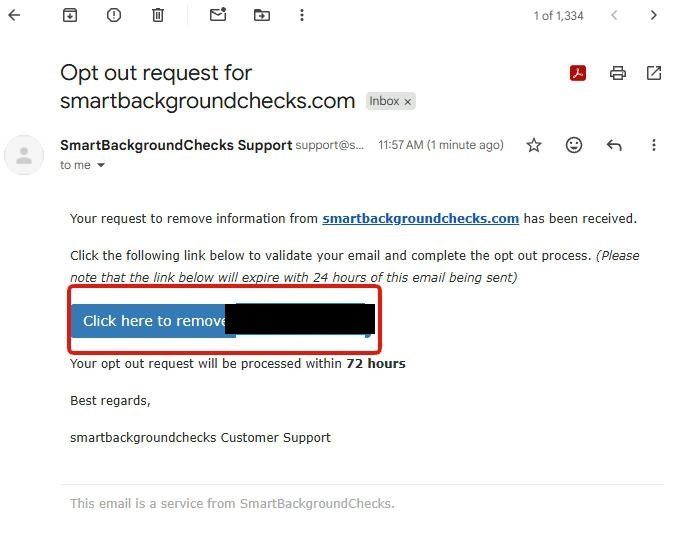 Confirmation email from 'SmartBackgroundChecks Support' (support@smartbackgroundchecks.com) titled 'Opt out request for smartbackgroundchecks.com'. The body reads 'Your request to remove information from smartbackgroundchecks.com has been received. Click the following link below to validate your email and complete the opt out process. (Please note that the link below will expire with 24 hours of this email being sent).' A blue 'Click here to remove [name]' button is highlighted with a red box. Below the button: 'Your opt out request will be processed within 72 hours'. Signed 'smartbackgroundchecks Customer Support.'