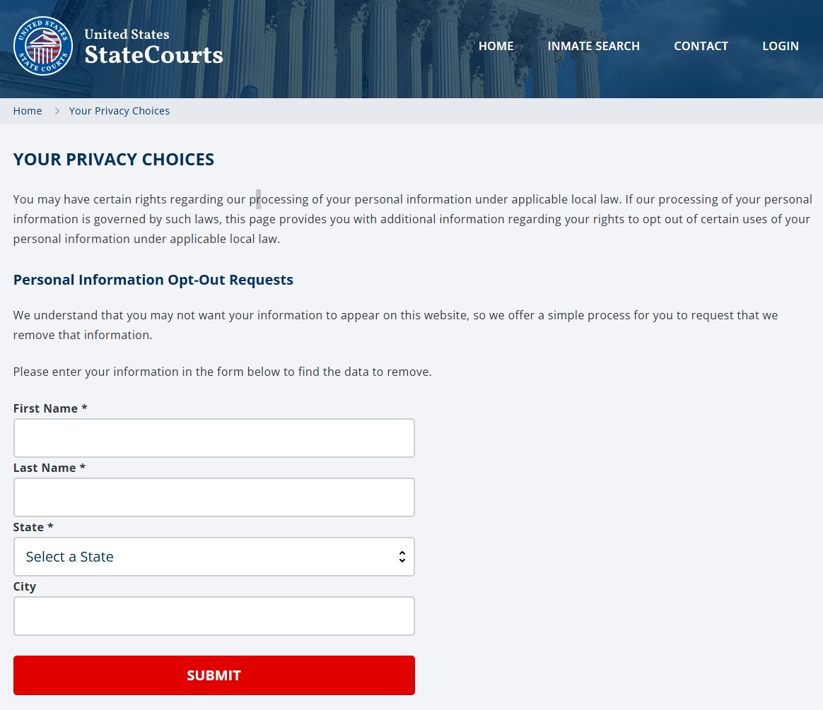 StateCourts.org's Your Privacy Choices page with a Personal Information Opt-Out Requests form asking for first name, last name, a state dropdown and an optional city, above a red SUBMIT button