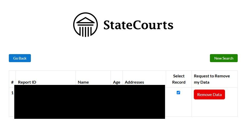 The StateCourts results table with columns for Report ID, Name, Age, Addresses, a Select Record checkbox and a red Remove Data button, showing one matching record