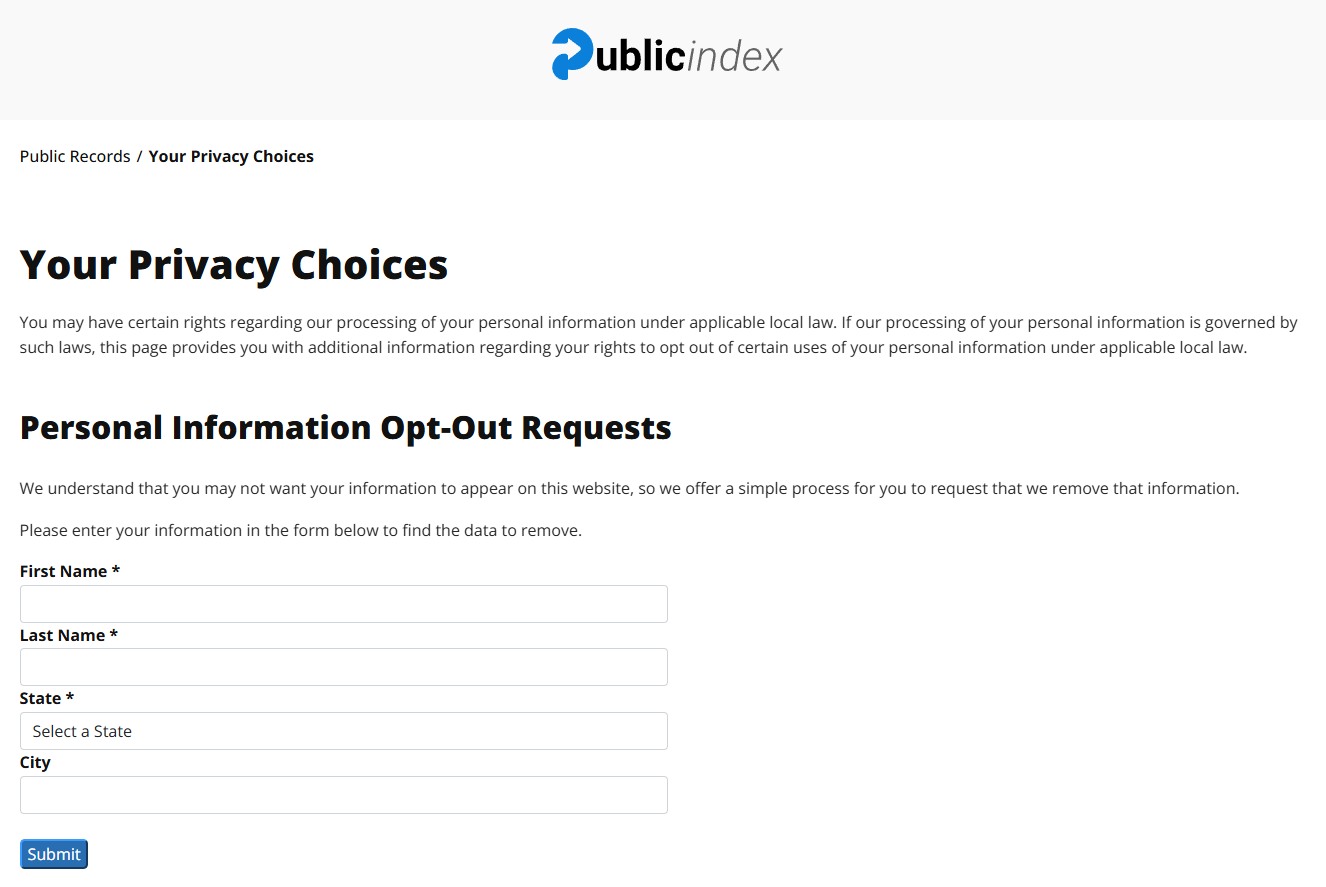 ThePublicIndex's Your Privacy Choices page with a Personal Information Opt-Out Requests form asking for first name, last name, a state dropdown and an optional city, above a Submit button