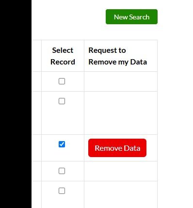 A ticked Select Record checkbox in the ThePublicIndex results table with the red Remove Data button that appears next to it