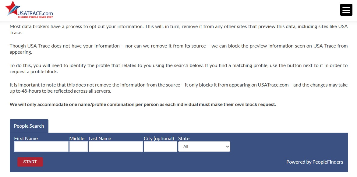 USATrace's Your Privacy page with its explanation that it can only block previews, above a People Search widget labeled Powered by PeopleFinders with fields for first name, middle, last name, optional city, a state dropdown, and a red START button