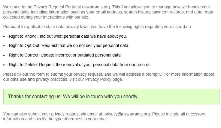 The USWarrants Privacy Request Portal after submission, showing its rights list and a green banner reading 'Thanks for contacting us! We will be in touch with you shortly', above a note that requests can also be sent to privacy@uswarrants.org