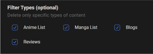 Delete MyAnimeList account content by filter types