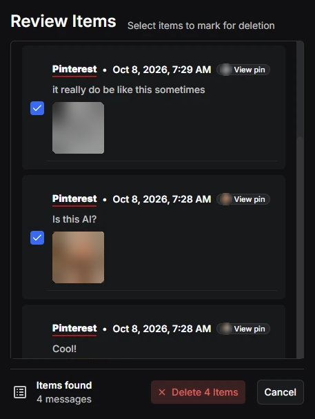 Redact's Review Items list showing Pinterest comments ticked for deletion, above a Delete 4 Items button