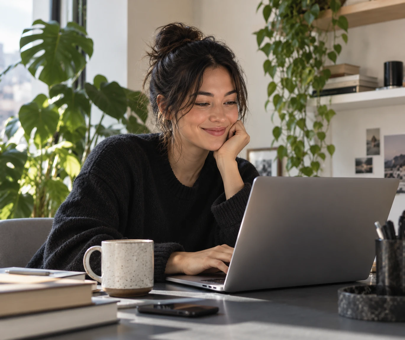 A woman smiling at her laptop at a desk
