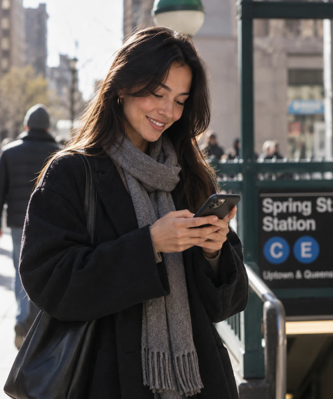 A woman in a winter coat and scarf smiling at her phone outside a city subway entrance