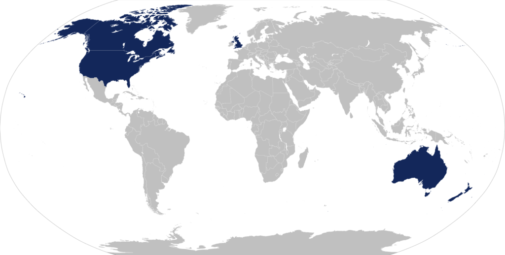 Map showing the Five Eyes members - US, UK, Australia, New Zealand, Canada.