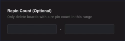 Specify the re-pin count range of a board(s) to delete. If a board is getting less than a specific number of re-pins you deem sufficient, you can automatically cull those boards from your page. Don't let dead-end boards distract your fans from your most popular content! Use Redact to tidy up your Pinterest Page and remove dying content.
