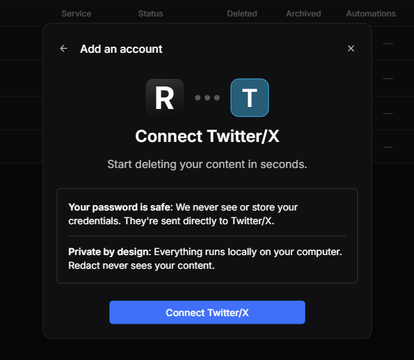 The Connect Twitter/X dialog inside the Redact app