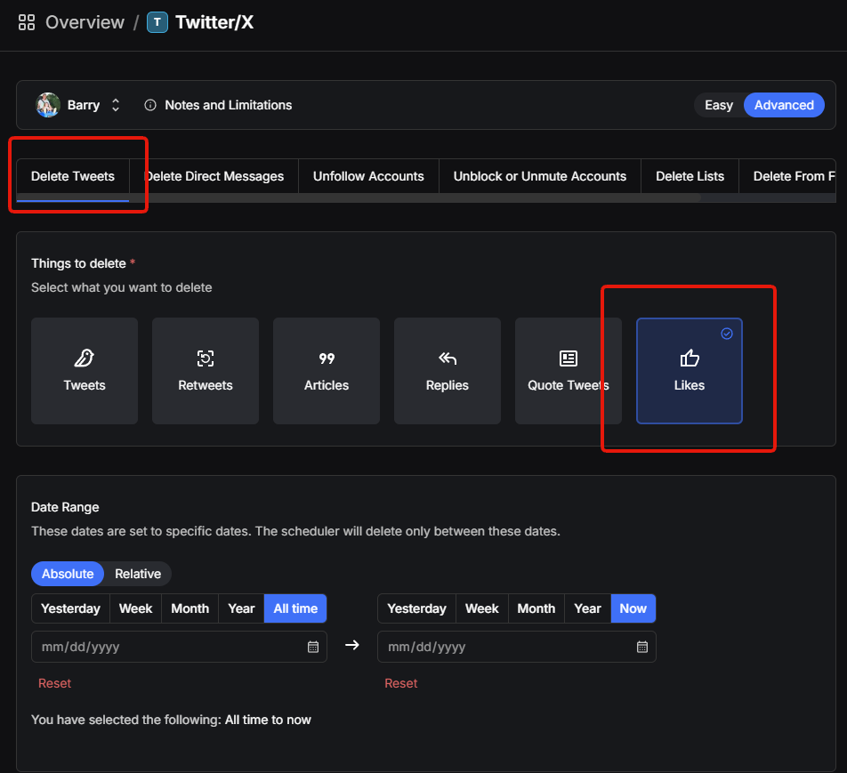 Redact's Advanced mode showing the Delete Tweets tab and the Likes target selected