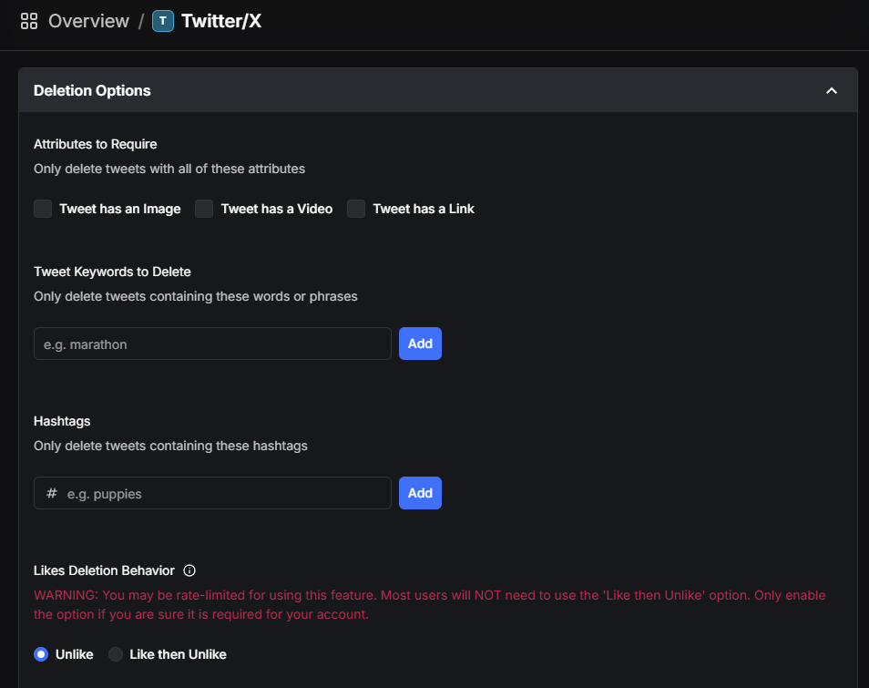 Advanced mode deletion options: attribute checkboxes, keyword and hashtag targeting