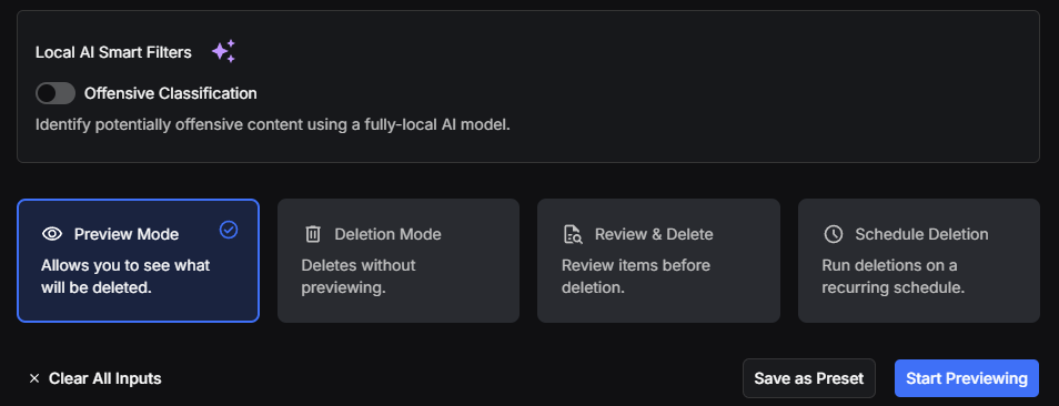 The four removal modes at the bottom of Redact: Preview, Deletion, Review and Delete, Schedule