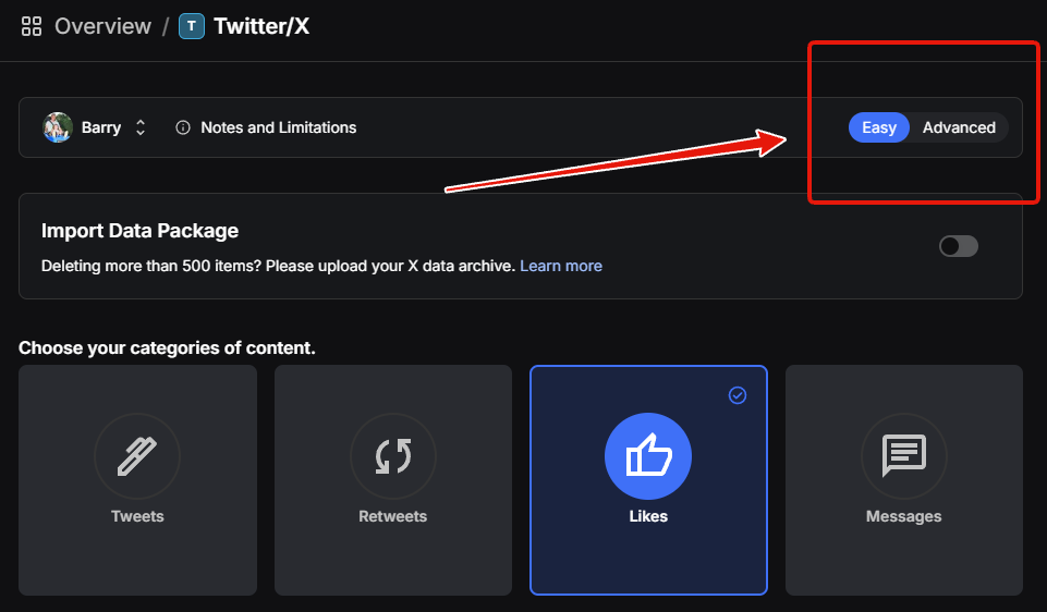 The Easy and Advanced mode toggle in the top right of Redact's Twitter page